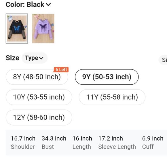 Girls Butterfly Hoodie Crop With Mesh Panel Sleeves Size 9-10 Years Fairy - Picture 6 of 6